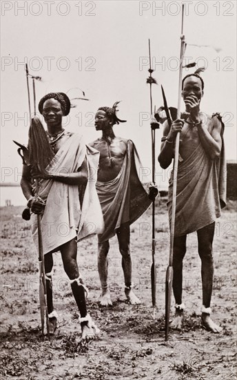 Portrait of three Shilluk warriors. Group portrait of three Shilluk warriors. Each man wears a distinctive hairstyle, decorated with feathers, and carries a spear. Upper Nile State, Sudan, circa 1910., Upper Nile, Sudan, Eastern Africa, Africa.