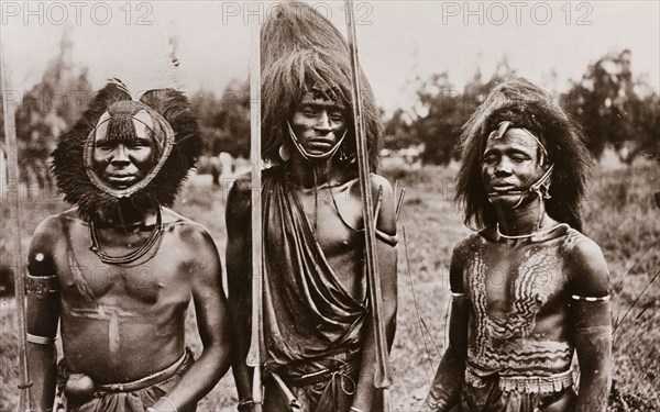 Maasai men in headdresses. Portrait of three Maasai men, two of whom are naked from the waist up and display body decoration on their arms and chests. Each man wears a decorative headdress made from animal hair or feathers, and carries a spear. British East Africa (Kenya), circa 1910. Kenya, Eastern Africa, Africa.