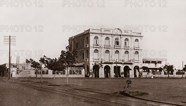 The Gordon Hotel in Khartoum. Exterior view of the facade of the Gordon Hotel in Khartoum. The grand, colonial-style, three-storey building was named in honour of General Charles Gordon (1833-1885). Khartoum, Sudan, circa 1910. Khartoum, Khartoum, Sudan, Eastern Africa, Africa.