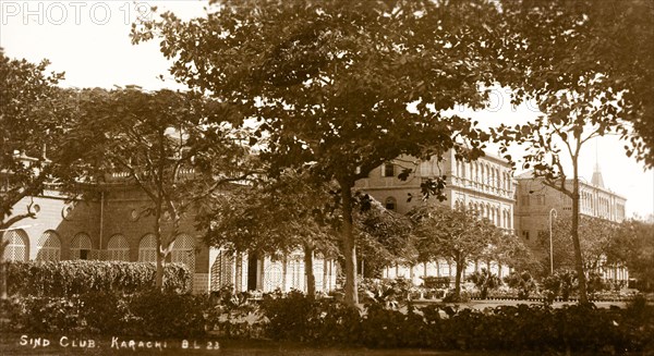 The Sind Club in Karachi. View across the front garden of the Sind Club in Karachi. Founded in 1871, this was a gentleman's club whose membership was restricted to Europeans until the end of the British Raj. Karachi, India (Pakistan), circa 1910. Karachi, Sindh, Pakistan, Southern Asia, Asia.