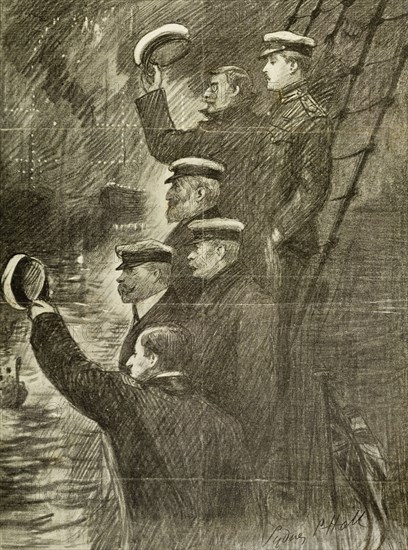 The Duke of Cornwall and York leaves Malta. A sketch depicts dignitaries from the Duke of Cornwall and York's (later King George V) royal entourage, bidding farewell to Malta from the rigging of the HMS Ophir on their way to Australia. Malta, March 1901. Malta, Central Europe, Europe .