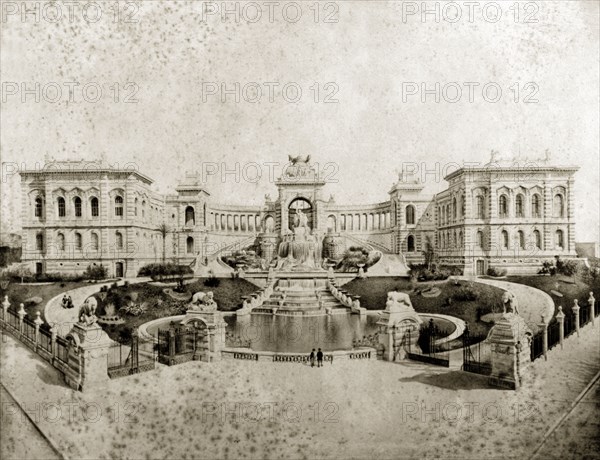 Palais Longchamp, Marseille. View of the Palais Longchamp with its elaborate water features and formal gardens. Marseille, France, March 1901. Marseille, Provence-Alpes-Cote d'Azur, France, Western Europe, Europe .