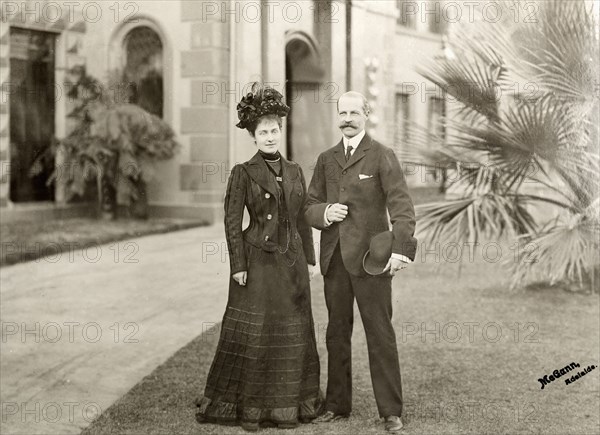 Sir Arthur and Lady Annie Lawley. Portrait of Sir Arthur and Lady Annie Lawley in the driveway of a colonial residence. Adelaide, Australia, 1901. Adelaide, South Australia, Australia, Australia, Oceania.