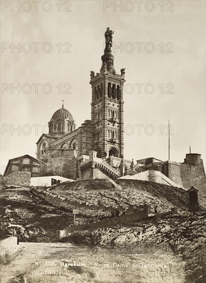 Notre Dame de la Garde. View of Notre Dame de la Garde, a Neo-Byzantine basilica that was built overlooking Marseille built between 1853 and 1864. Marseille, France, 1901. Marseille, Provence-Alpes-Cote d'Azur, France, Western Europe, Europe .