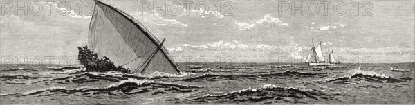 HMS Garnet sinks an illegal slave dhow. An illustration taken from the front page of 'The Graphic' newspaper depicts an illegal slave dhow capsizing off the east coast of Africa after an attack by HMS Garnet, a British Royal Navy patrol ship. An original caption states that only 18 slaves were saved from a crew of 100. Indian Ocean, 20 October 1888., Indian Ocean, Africa.