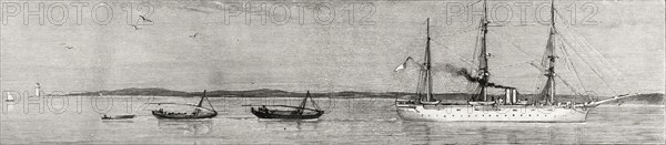 HMS Garnet comandeers illegal slave dhows. An illustration taken from the front page of 'The Graphic' newspaper depicts HMS Garnet, a British Royal Navy patrol ship, towing captured illegal slave dhows to Zanzibar. Indian Ocean, 20 October 1888., Indian Ocean, Africa.