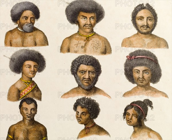 New Guinean headshots. An illustration by a German artist features headshots of nine male and female Papua New Guineans, based on accounts from famous French voyages of discovery. Depicted topless, some wear hair decorations including bows, ribbons and combs, whilst others display body tattoos and jewellery including armbands and necklaces. German New Guinea (Papua New Guinea), circa 1839. Papua New Guinea, South East Asia, Asia.