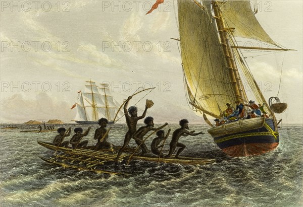 An encounter in the Gulf of Carpentaria. An illustration, published circa 1874, depicts a scene from Sir Augustus Charles Gregory's expedition to northern Australia. A canoe containing north Australian aborigines encounters a European sailing ship in the Gulf of Carpentaria. Pacific Ocean, circa 1857., North Territory, Australia, Australia, Oceania.