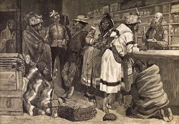 A Hudson's Bay Company trading post. An illustration taken from the American periodical, 'Harper's Weekly', depicts American Indian and colonial European fur trappers and traders bartering at a Hudson's Bay Company trading post. Probably Manitoba, Canada, circa 1888., Manitoba, Canada, North America, North America .