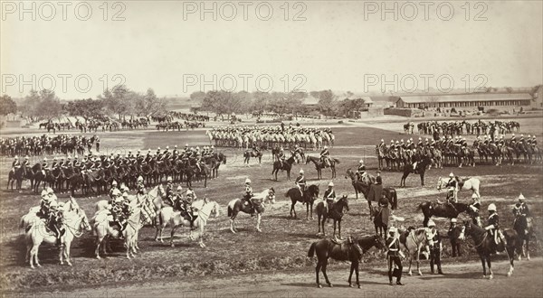 Military parade of the Carabiniers. The Carabiniers or Sixth Dragoon Guards, a cavalry regiment of the British Army, line up on horseback in preparation for a military parade. Sialkot, Punjab, India (Punjab, Pakistan), 1882. Sialkot, Punjab, Pakistan, Southern Asia, Asia.