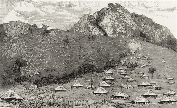 A Malawian settlement in the Shire Highlands. An illustration taken from a page of 'The Graphic' newspaper depicts a Malawian settlement on the slopes of Mount Ndilandi in the Shire Highlands plateau. Central Nyasaland (Malawi), circa 1889. Malawi, Southern Africa, Africa.