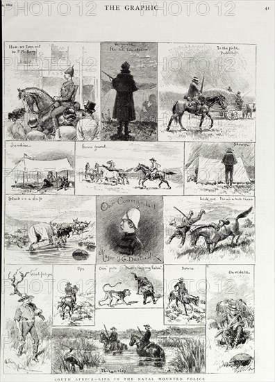 Life in the Natal Mounted Police force. A light-hearted page of illustrations taken from 'The Graphic' newspaper depicts the trials and tribulations of life in the Natal Mounted Police force. The central sketch is captioned 'Our Commandant' and features a profile portrait of Major John G. Dartnell. Natal (KwaZulu-Natal), South Africa, 1882., KwaZulu Natal, South Africa, Southern Africa, Africa.