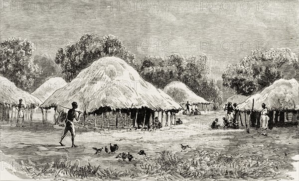 A Makololo settlement in Central Nyasaland. An illustration taken from a page of 'The Graphic' newspaper depicts a Makololo settlement containing a number of round, thatched huts in the Shire Highlands plateau. Central Nyasaland (Malawi), circa 1889. Malawi, Southern Africa, Africa.