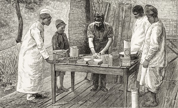 Teaching Malawian men to make bread. An illustration taken from a page of 'The Graphic' newspaper depicts a British missionary teaching three Malawian men and a boy how to make bread. The group watch intently as he kneads the dough on a table, his sleeves pushed up to the elbow. Nyasaland (Malawi), circa 1889. Malawi, Southern Africa, Africa.