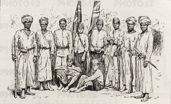 Employees of the British Consulate in Nyasaland. An illustration taken from a page of 'The Graphic' newspaper depicts a group of African guards and servants, employed by the British Consulate in Nyasaland. The men, who wear traditional dress including turbans and fez hats, are armed with rifles and pose for a portrait with two union jack flags. Nyasaland (Malawi), circa 1889. Malawi, Southern Africa, Africa.