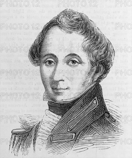 Portrait of Major Garnet J. Wolseley. An illustration taken from 'The Graphic' newspaper in 1882, depicts Major Garnet Joseph Wolseley in his youth. This portrait and another featuring the Major's wife, Frances Anne Wolseley, accompanied an article about the couple's son, First Viscount Garnet Wolseley (1833-1913). United Kingdom, circa 1840. England (United Kingdom), Western Europe, Europe .