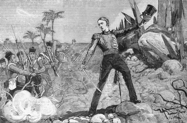 Viscount Wolseley storms a Burmese stronghold. A young Viscount Wolseley storms the rebel stronghold of Myat-Toon during the Second Burmese War (1852-3). Wolseley was severely injured during the offensive, and after receiving a war medal for his efforts, was promoted to the position of Lieutenant and invalided home. Near Donubyu, Burma (Myanmar), February 1853. Donybyu, Ayeyarwady, Burma (Myanmar), South East Asia, Asia.