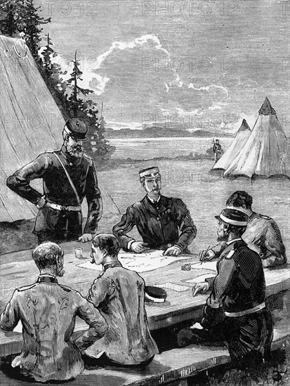 Viscount Wolseley on his Red River expedition. Viscount Wolseley (centre) takes part in negotiations at a war council during the Red River expedition. Wolseley successfully led the expedition, which was intended to establish Canadian sovereignty over Canada's northwest territories and Manitoba. His military camp headquarters were located at Thunder Bay on the shores of Lake Superior. Ontario, Canada, 1870., Ontario, Canada, North America, North America .