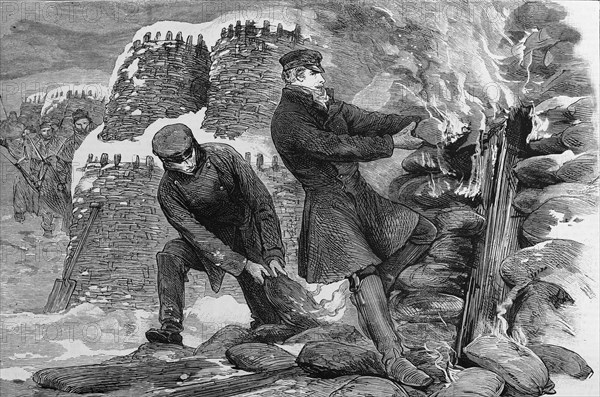Viscount Wolseley at the Siege of Sevastopol. Viscount Wolseley, at the time a Captain in the Royal Engineers, saves a British trench by pulling burning sandbags from a doorway at the Siege of Sevastopol during the Crimean War. Sebastopol (Sevastopol), Ukraine, 1855. Sevastopol, Sevastopol, Ukraine, Eastern Europe, Europe .