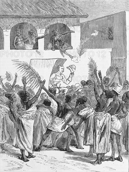 Viscount Wolseley returns triumphant. Viscount Wolseley receives a warm welcome from the people of Cape Coast as he returns from Kumasi following his successful Asante Campaign (1873-4). As the newly appointed Governor General of the Gold Coast (Ghana), Wolseley was sent to suppress the Asante (Ashanti) people who had begun to threaten British control over coastal regions of the Gold Coast Colony. Cape Coast, Gold Coast (Ghana), 19 February 1874. Cape Coast, Central (Ghana), Ghana, Western Africa, Africa.