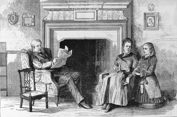Viscount Wolseley at home. Viscount Wolseley relaxes with a newspaper in the comfort of his own home, accompanied by his wife, Lady Louise Wolseley, and his daughter, Frances. As recently as September 1882, Wolseley had commanded a force of 40,000 men at the Battle of Tel-el-Kebir in Egypt, returning to England victorious in October of the same year. United Kingdom, November 1882. England (United Kingdom), Western Europe, Europe .
