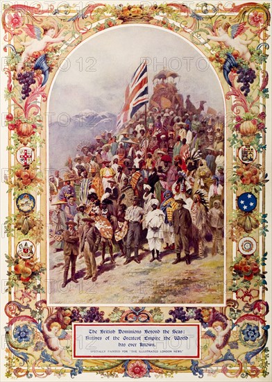 The British Dominions Beyond the Seas'. An illustration taken from the 'Illustrated London News' depicts people from across the British Empire, gathered together in their national dress beneath the union jack flag. The drawing is framed by an ornate border decorated with cupids, fruit and coats of arms belonging to the various British dominions featured. United Kingdom, circa 1910. England (United Kingdom), Western Europe, Europe .