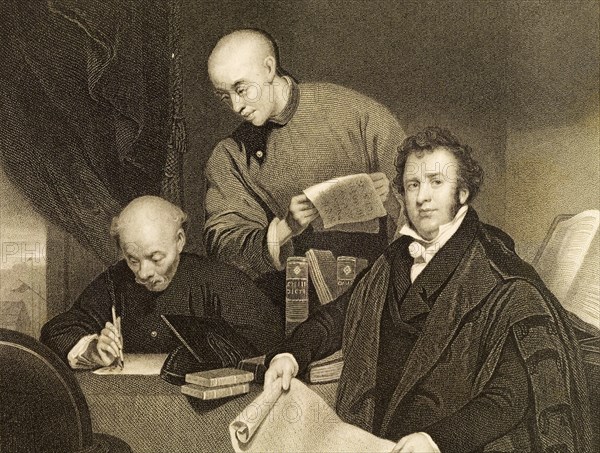 Translating the bible into Chinese. An engraving published circa 1853, depicts Reverend Robert Morrison of the London Missionary Society translating the Bible into Chinese with the aid of two Chinese assistants. The print is based upon an original painting by English artist George Chinnery (1774-1852). Canton (Guangzhou), Qing Dynasty (People's Republic of China), circa 1818. Guangzhou, Guangdong, China, People's Republic of, Eastern Asia, Asia.