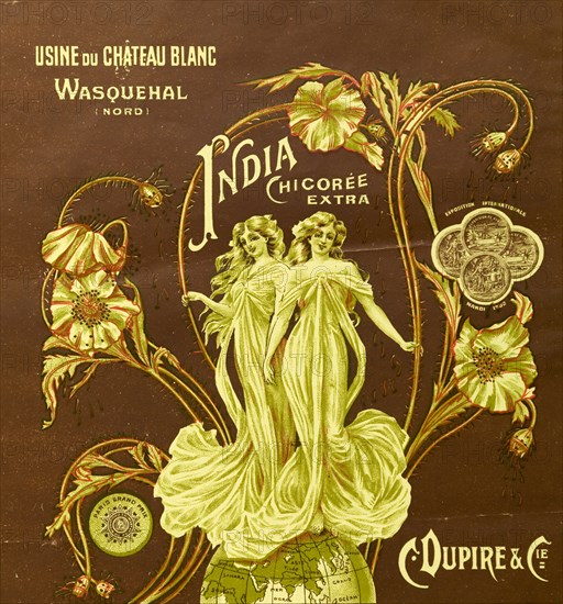Box label advertising 'India' chicory. A box label for French company, C. Dupire & Co., advertises 'India' chicory, a herb that when dried, ground and roasted, is commonly used to flavour coffee. Two young women in flowing gowns stand on a globe surrounded by chicory flowers. Stamps on the label suggest the brand showcased at an international food exhibition at Kandi, Ceylon (Sri Lanka) in 1902. Southern Asia, circa 1902. India, Southern Asia, Asia.