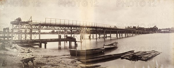 Construction of Nigerian Railways bridge. The construction of Denton Bridge at Lagos, a truss railway bridge built by Nigerian Railways. Lagos, Nigeria, 21 September 1897. Lagos, Lagos, Nigeria, Western Africa, Africa.