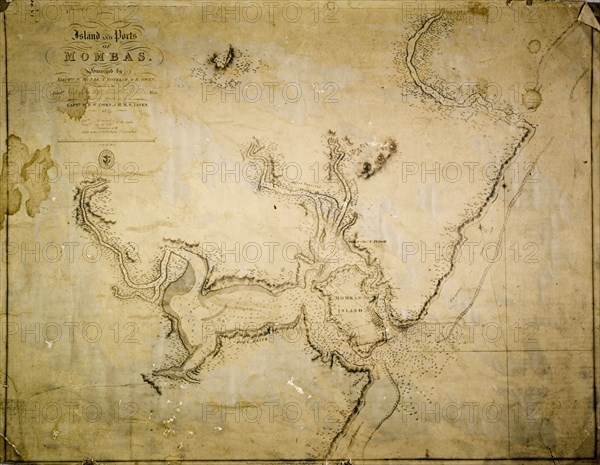 Map of Mombas Island, 1827. A map of the island and ports of Mombas (Mombasa), surveyed under the direction of Captain W.F.W. Owen of HMS Leven. The map was produced by the Hydrographical Office of the Admirality and was published in London in 1827. Mombas (Mombasa), Kenya, 1827. Mombasa, Coast, Kenya, Eastern Africa, Africa.