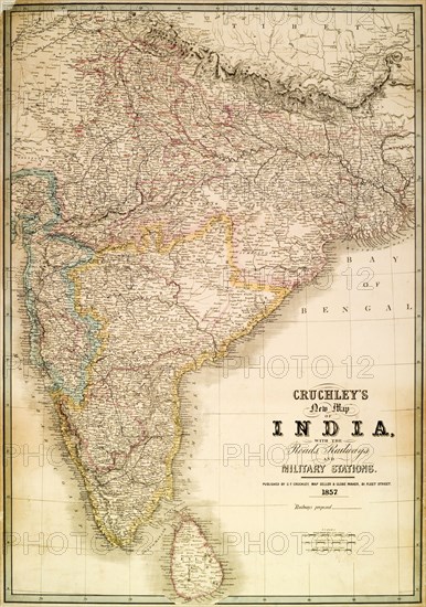 Cruchley's map of India, 1857. A map of India, detailing the roads, railways and military stations of India and Ceylon (Sri Lanka) during the British Raj. India, 1857. India, Southern Asia, Asia.