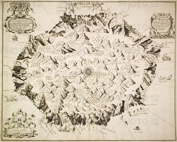 Map of St Helena, circa 1700. A labelled map of St Helena, produced for the Governor and committee members of the British East India Company. St Helena, circa 1700. St Helena, Atlantic Ocean, Africa.