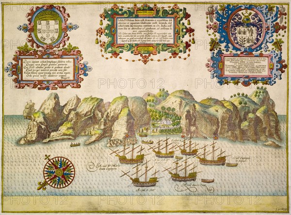 Illustration of St Helena, 1589. An illustration of the island of St Helena features several Portuguese galleons sailing off the coast. The accompanying text, written in Latin and Dutch, promotes the uninhabited island as a good mooring place for travellers from the East Indies. St Helena, circa 1589. St Helena, Atlantic Ocean, Africa.