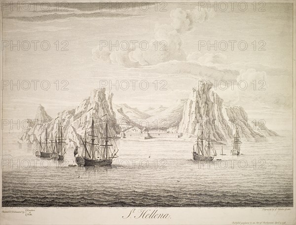 Galleons off the coast of St Helena. An engraving, based on a painting by George Lambert (1710-1765) and Samuel Scott (1703-1772), features several galleons approaching the island of St Helena near the fortified coastline at Jamestown. Jamestown, St Helena, 1736. Jamestown, St Helena, St Helena, Atlantic Ocean, Africa.