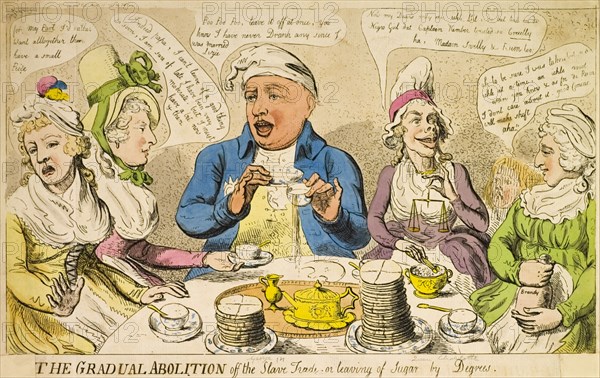 The leaving of Sugar by Degrees'. A satirical illustration entitled 'The Gradual Abolition of the Slave Trade, or leaving of Sugar by Degrees', comments on the reluctant attitude of the British aristocracy to give up sugar and rum in support of the abolition of the slave trade. King George III and his family sit around a breakfast table, expressing their disdain at having their sugar supply rationed. England, 1792. England (United Kingdom), Western Europe, Europe .