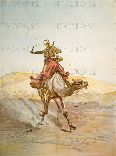 Despatch rider of the Egyptian Camel Corps. A painting by Lady Elizabeth Butler (1846-1933) is printed in the British newspaper, 'The Graphic', and depicts a despatch rider of the Egyptian Camel Corps riding through the Sahara Desert. Egypt, 1888. Egypt, Northern Africa, Africa.