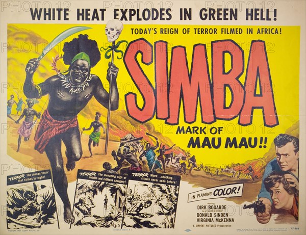 Promotional poster for the film 'Simba'. A poster promoting 'Simba, Mark of Mau Mau', a British film directed by Brian Desmond Hurst and based on the Mau Mau rebellion in Kenya during the early 1950s. Kenya, 1955. Kenya, Eastern Africa, Africa.