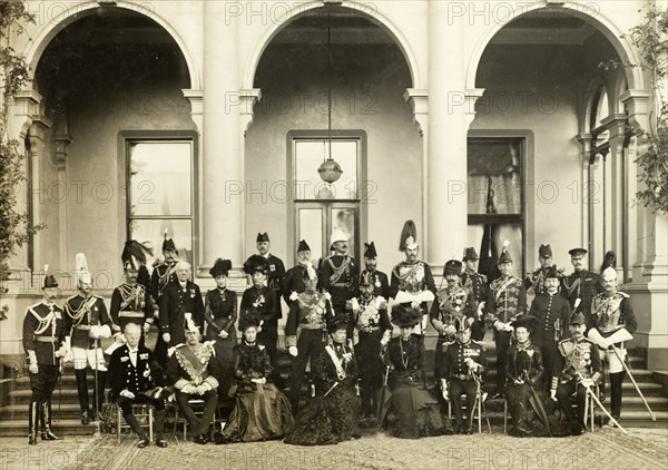 The royal entourage at Melbourne, 1901. Portrait of the Duke and Duchess of Cornwall and York (later King George V and Queen Mary) and their royal entourage, pictured during their visit to Melbourne to open the first Commonwealth Parliament of Australia. Melbourne, Australia, May 1901. Melbourne, Victoria, Australia, Australia, Oceania.