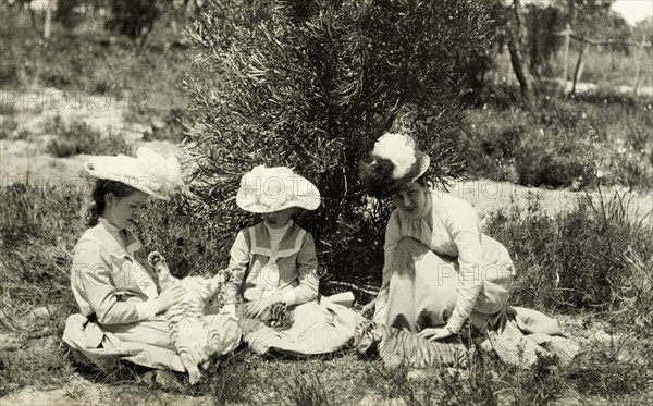 Playing with tiger cubs at Perth Zoo. Annie Lawley (right) and her daughters, Ursula (left) and Cecilia, play with tiger cubs at Perth Zoo. Perth, Australia, circa 1901. Perth, West Australia, Australia, Australia, Oceania.