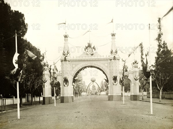 The State Arch at St. George's Terrace, Perth. The State Arch at St. George's Terrace east of Pier Street, part of celebrations to welcome the Duke and Duchess of Cornwall and York (later King George V and Queen Mary) to Perth. Perth, Australia, July 1901. Perth, West Australia, Australia, Australia, Oceania.