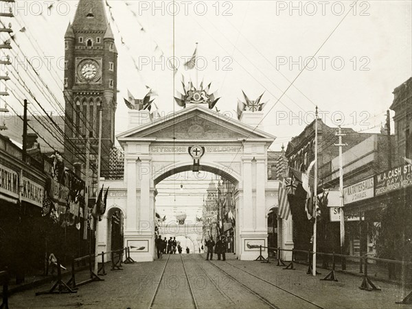 The Citizen's Arch at Hay Street, Perth. The Citizen's Arch at Hay Street, part of celebrations to welcome the Duke and Duchess of Cornwall and York (later King George V and Queen Mary) to Perth. Perth, Australia, July 1901. Perth, West Australia, Australia, Australia, Oceania.