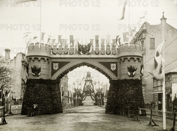 The Coach Arch at St. George's Terrace, Perth. The Coach Arch at St. George's Terrace, part of celebrations to welcome the Duke and Duchess of Cornwall and York (later King George V and Queen Mary) to Perth. Perth, Australia, July 1901. Perth, West Australia, Australia, Australia, Oceania.