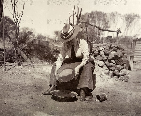 Lady Annie Lawley panning for gold. Lady Annie Lawley concentrates as she pans for gold. Probably Kalgoorlie, Australia, circa 1901. Kalgoorlie, West Australia, Australia, Australia, Oceania.