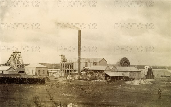 A Kalgoorlie shaft mine. View of a Kalgoorlie shaft mine, one of several mines established after gold was discovered in the area in 1893. Kalgoorlie, Australia, circa 1901. Kalgoorlie, West Australia, Australia, Australia, Oceania.