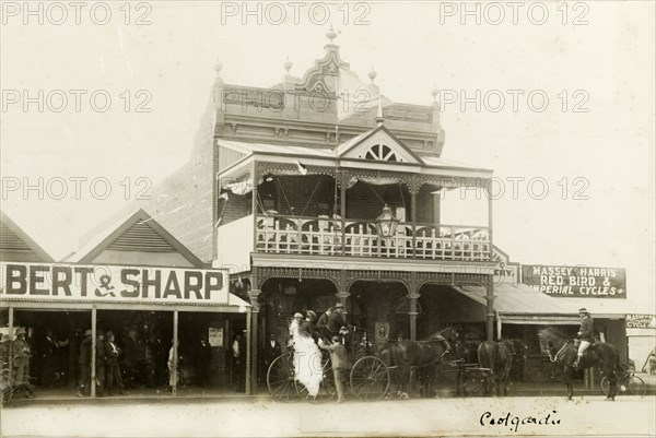 A main street in Coolgardie. A colonial building, perhaps a hotel, located on a main street of Coolgardie, a gold rush town that by 1898, was the third largest town in Western Australia. Coolgardie, Australia, circa 1901. Coolgardie, West Australia, Australia, Australia, Oceania.