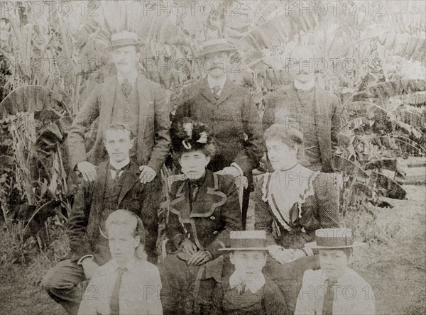Members of the Lawley family and their friends. Members of the Lawley family and their friends assemble for a group portrait. Sir Arthur Lawley, Governor of Western Australia, stands in the back row (centre), his wife, Annie, is seated in the middle row (right), and their daughters, Ursula and Cecilia, sit in the front row. Western Australia, Australia, circa 1901., West Australia, Australia, Australia, Oceania.