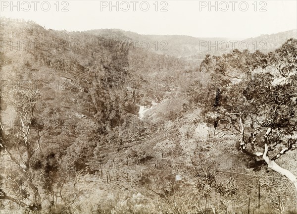 The hills behind Perth. A waterfall and valley in the hills behind Perth. Western Australia, Australia, circa 1901., West Australia, Australia, Australia, Oceania.