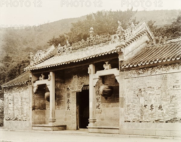 Entrance to a Hong Kong Joss house. Exterior view of the entrance to a Joss house (Chinese temple). Hong Kong, China, circa 1903., Hong Kong, China, People's Republic of, Eastern Asia, Asia.