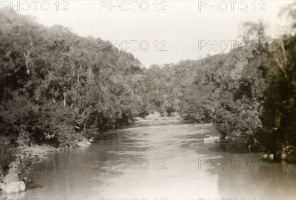 Salween River, Burma (Myanmar). Trees crowd the banks of Salween River as it flows through Shan State. Tahsai, Burma (Myanmar), December 1928. Tahsai, Shan, Burma (Myanmar), South East Asia, Asia.