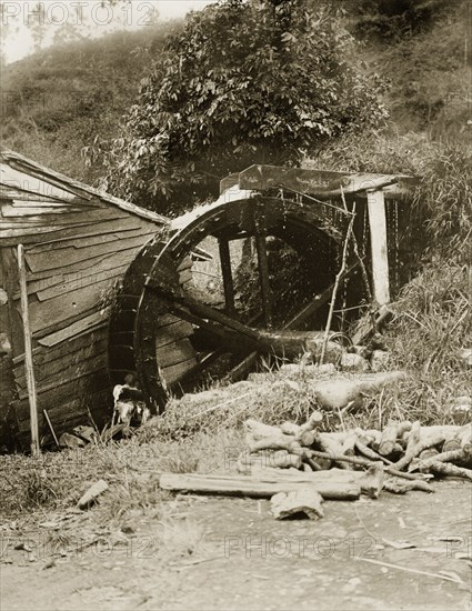 A hillside water wheel, China. A wooden water wheel is driven by a hillside stream. An original caption suggests the device belonged to a nearby sandalwood factory that produced joss sticks. China, circa 1905. China, People's Republic of, Eastern Asia, Asia.